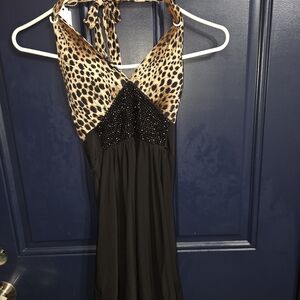 Elegant Black and Leopard Print Halter Dress